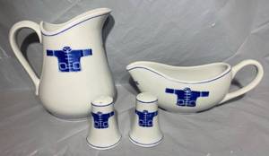 lot 149 image: Hand painted Pitcher, Gravy Bowl, and Salt and Pepper Shakers