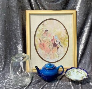 lot 179 image: Framed Yellow Roses Cookie Jar and Tea pot