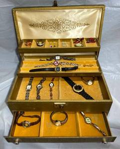 lot 167 image: Vintage Jewelry Box with watches, rings, ear rings, and Broaches