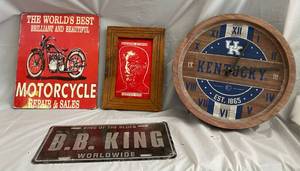 lot 209 image: Framed Rolling Stones Tattoo You Glass Etched Motorcycle Picture, BB King License Plate Kentucky battery operated Clock