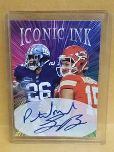 lot 52 image: Patrick Mahomes and Saquon Barley Iconic ink football card