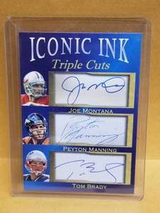 lot 190 image: Triple Cuts - Joe Montana, Peyton Manning and Tom Brady iconic ink football card