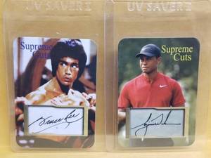 lot 194 image: Tiger Woods and Bruce Lee Supreme cuts sample cards