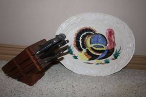 lot 10 image: Turkey Platter Marked Made in Japan, and L.C. Germain Knife Set in Wooden Block
