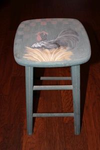 lot 38 image: Wooden Stool with Painted Hen Motif