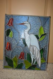 lot 17 image: Stained Glass Crane and Flowers Window PanelSun Catcher