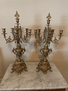 lot 11 image: Pair of OrnateItalian Brass Candleabras with Top Snuffers, Matches Lot 2 Mantle Clock