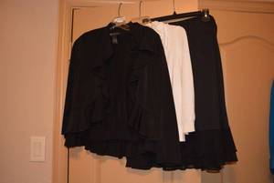 lot 61 image: Intl Concepts Sweater and Matching Flared Skirt, Dressbarn Black Jacket Size L, Cristina White Cardigan Sweater