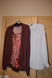 lot 62 image: Vera Wang Top, Joan Vass Brown Cardigan Sweater, and Elementz Gray Blouse Size S