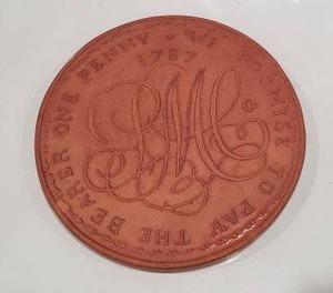 lot 81 image: Welsh Cymru Terracotta Pottery 1987 Token Plaque of a 1787 Bearer Penny  6 Llanddeiniolel Stamped and made by Crochannau Mumford.