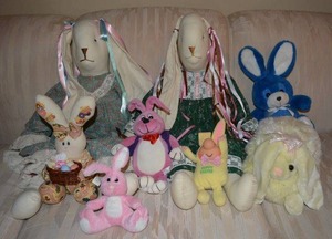 lot 96 image: Stuffed Toys 2 Handmade Bunny Dolls from Bowie, TX, Ziggy Hoppy Easter Bunny, and More Bunnies