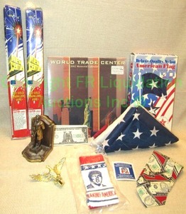 lot 11 image: Patriotic theme items including Trump socks, Old Glory, World Trade center memorial calender and more as shown