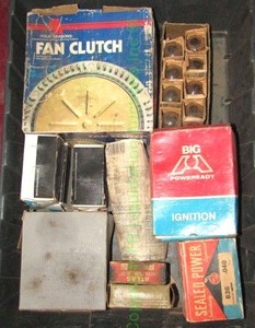 lot 38 image: Assorted vintage automotive parts including Four Seasons Fan clutch, AC Delco parts and more