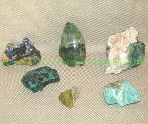 lot 232 image: Unrefined precious stones including polished green Fluorite, Amazonite, various copper specimens