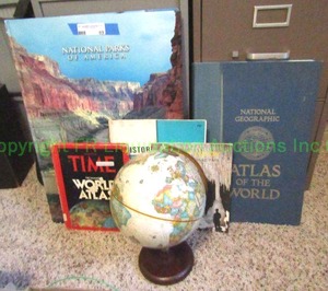 lot 69 image: National Geographic Atlas of the world, and other map books plus desk to globe