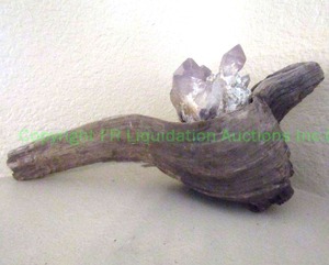 lot 277 image: Amethyst quartz cluster on driftwood display
