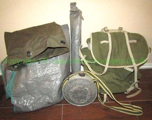 lot 210 image: 2 man tent, Military duffle bag, Texsport backpack, and canteen