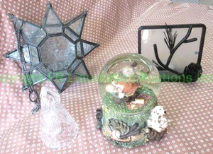 lot 291 image: Tea light candle holders, crystal bell, Snow globe plays take me out to the ballpark