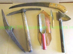 lot 255 image: Antique miners pick axe head and Assorted hand tools