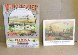 lot 180 image: Winchester arms tin sign and DuPont gun powder ad (repro)
