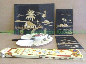 lot 242 image: Asian theme items includinf fan, wall scroll, plus