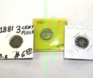 lot 177 image: Silver 1881 and 1865 three cent pieces