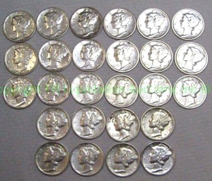 lot 60 image: Silver 1930s-40s Mercury dimes (Bid is times the quantity of 26)