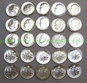 lot 63 image: Silver pre 1965 Roosevelt dimes (Bid is times the quantity of 25)