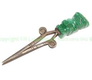 lot 123 image: Antique Sterling silver and Mexican green onyx stone carved handle letter opener