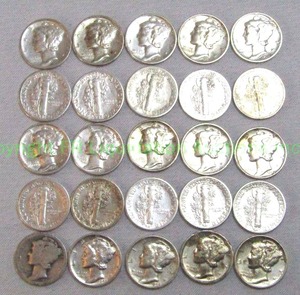 lot 56 image: Silver 1930s-40s Mercury dimes (Bid is times the quantity of 25)