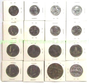 lot 119 image: Bicentennial 1976-1776 quarters, Kennedy half dollars, and commerorative tokens
