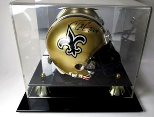 lot 3 image: Signed, Drew Brees 9, New Orleans Saints Riddell mini helmet. Radtke Sports COA with dual matching serial numbered holograms included.