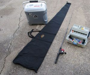 lot 14 image: FISHING, Large Cabelas Fishing pole bag enough room for 10 poles, Plano tackle box &amp extras, Zebco 202 reel &amp pole, Igloo iceless ice chest