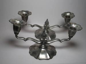 lot 26 image: 2 Antique Candle Holders, FLAGG &amp HOMAN makers mark, bottoms stamped PEWTER 136