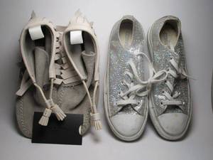 lot 22 image: Rag &amp Bone New York handsewn Leather Moccasins, size 5, new no box &amp Converse All Stars, Size 6, silver sparkling textile&nbsp