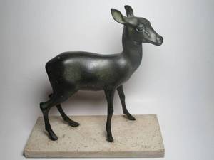 lot 29 image: Art Deco Bronze Deer on Marble base, Amazing detail, early 1900s, signature of French Sculptor M. Font bottom right corner