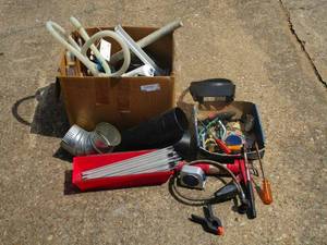 lot 32 image: Karcher pressure washer, box of various pvc pipes and fittings, welding rods 7018, misc. tools