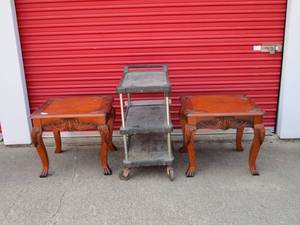lot 55 image: 2 VINTAGE end tables w decorative carvings in wood, utility cart