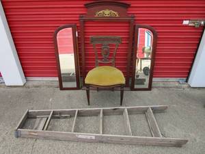 lot 57 image: Antique chair, Antique large tri-fold mirror, wooden ladder