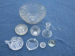 lot 77 image: Crystal bowls, candle holder, Mikasa perfume bottle, bubbled crystal ball