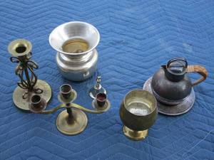 lot 79 image: Ornate tea pot with bamboo handle &amp matching plate, candle holders, bell