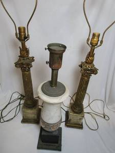 lot 92 image: 2 matching vintage stone-like column lamps and 1 vintage ceramic lamp