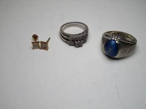 lot 124 image: 925 silver bridal set w white stones, Vintage Uncas Manufacturing Co. ring, gold color earrings w white stones