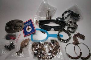 lot 126 image: Costume jewelry, sunglasses, mirror, belt buckles, case