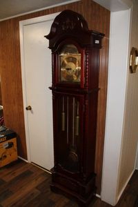 lot 115 image: Grandfather Standing Chime Clock, Cherry Finish, made in China