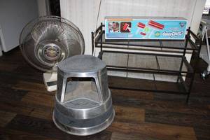 lot 64 image: Metal Storage Unit, ClingSweep Rollers like new, Round Step Stool and Fan