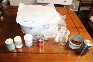 lot 63 image: Presto Dehydro Food Dehydrator looks unused, Salt and Pepper Shakers and Vintage Sugar Bowl