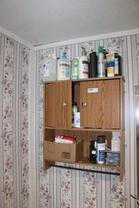 lot 67 image: Bathroom Wall Cabinet and Contents, Shower Seats, Rug, and Shower Curtain