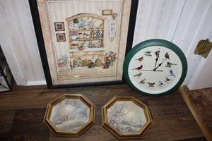 lot 116 image: Kitchen Wall Print, Bird Clock, Pair of Small Farm Prints