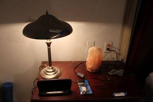 lot 110 image: Satin Nickel Dome Table Lamp, Salt Stone Lamp, Sharp Alarm Clock and Phone Cable